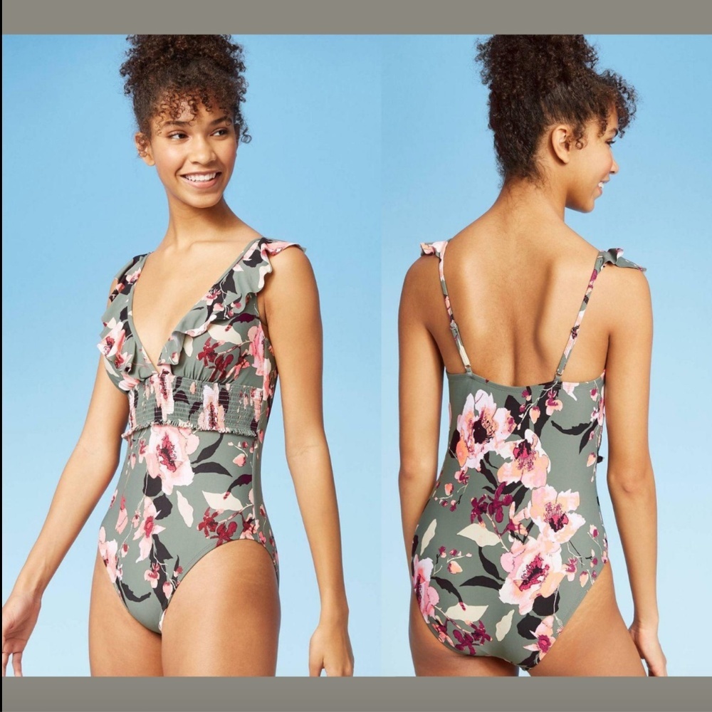 NEW $40 Sea Angel Olive Floral Smocked One Piece Swimsuit [ SZ XL‎ ] #3350